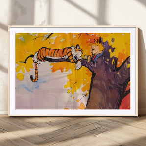 55145-MGV-CV-36X24-Cartoon Wall Art – Colorful Autumn Tree Canvas Print Whimsical Boy Tiger Relaxing Scene, Playful Vintage Style Decor for Living