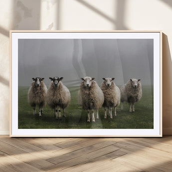 87339-MGV-CV-36X24-Sheep Wall Art – Rustic Farmhouse Canvas Print Flock Standing Misty Field Countryside Photography, Country Animal Decor for Living