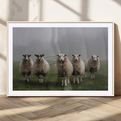 87339-MGV-CV-36X24-Sheep Wall Art – Rustic Farmhouse Canvas Print Flock Standing Misty Field Countryside Photography, Country Animal Decor for Living