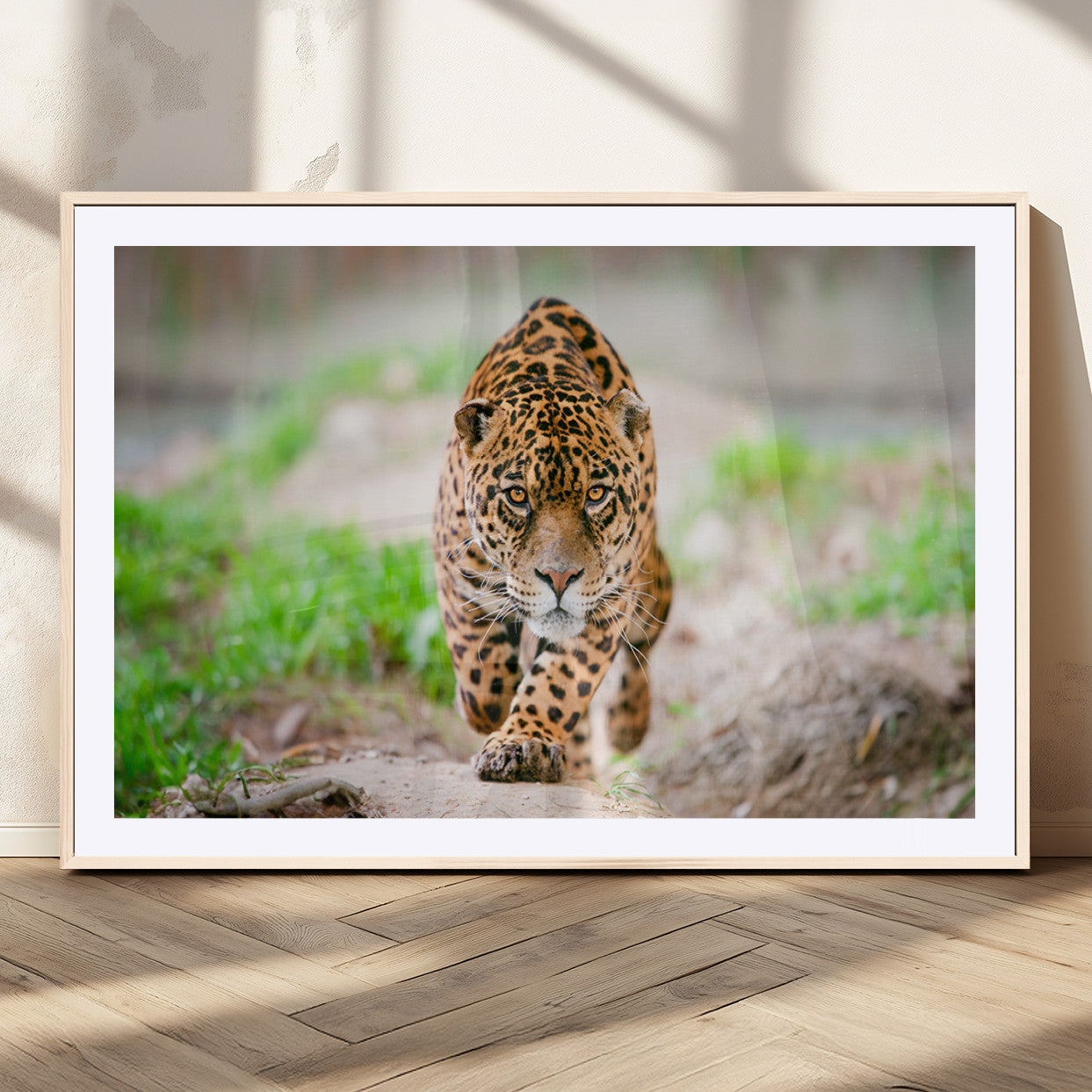 75066-MGC-FP-36x24_Natural-Leopard Wall Art Canvas Print, Framed Wild Animal Art Picture Print, Blue Eye Leopard Perfect Wild Minimal Decor Artwork
