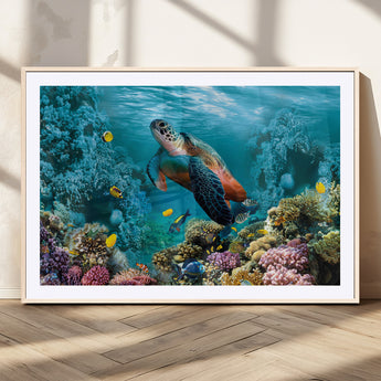 38661-MGC-FP-36x24_Natural-Sea Turtle Wall Art Canvas Print, Framed Ocean Wildlife Art Picture Print, Turtle Perfect Coastal Nature Decor Artwork