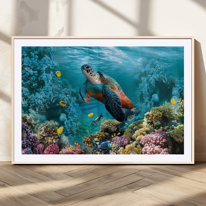 38661-MGC-FP-36x24_Natural-Sea Turtle Wall Art Canvas Print, Framed Ocean Wildlife Art Picture Print, Turtle Perfect Coastal Nature Decor Artwork