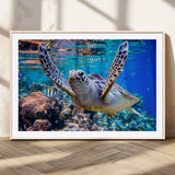 12683-MGC-FP-36x24_Natural-Sea Turtle Wall Art – Graceful Ocean Canvas Print with Coral Reef and Tropical Fish, Coastal Marine Life Decor for Beach House,