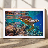 66614-MGC-FP-36x24_Natural-Sea Turtle Wall Art – Hawksbill Turtle Swimming Over Coral Reef Canvas Print, Ocean Marine Life Decor for Beach House, Coastal