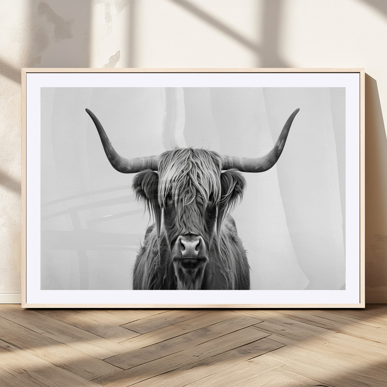 49556-MGV-CV-36X24-Highland Cow Wall Art – Black and White Scottish Highland Cattle Print, Rustic Farmhouse Minimalist Animal Portrait Canvas for