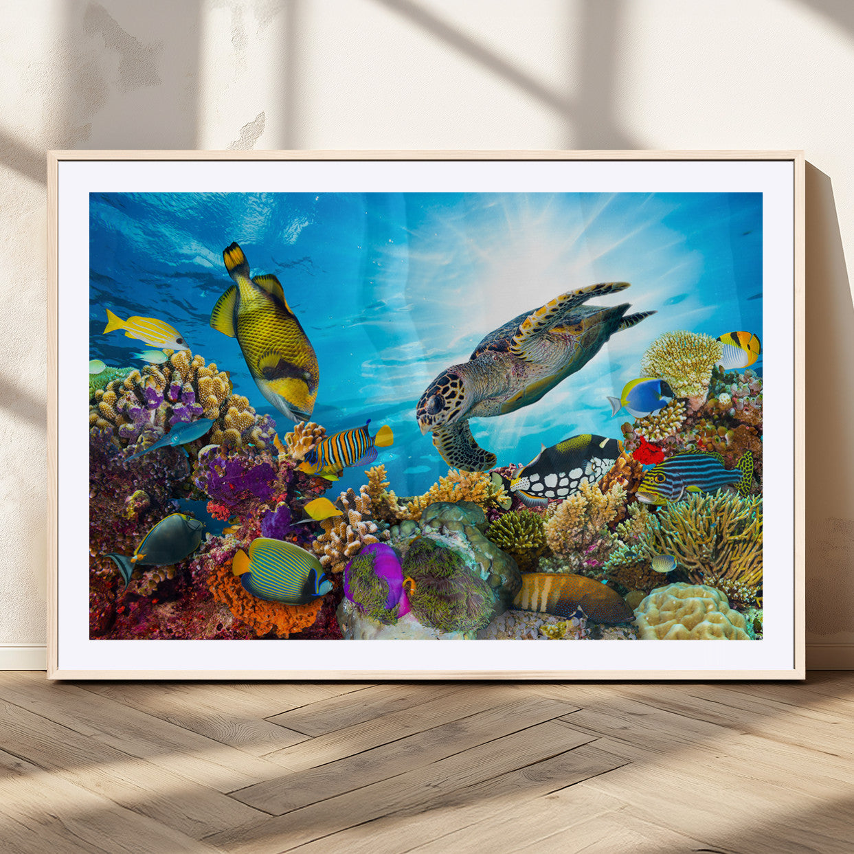 44772-MGC-FP-36x24_Natural-Underwater Sea Turtle Wall Art – Vibrant Coral Reef and Tropical Fish Canvas Print, Ocean Marine Life Decor for Living Room,