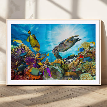 44772-MGC-FP-36x24_Natural-Underwater Sea Turtle Wall Art – Vibrant Coral Reef and Tropical Fish Canvas Print, Ocean Marine Life Decor for Living Room,