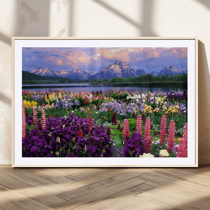 82270-MGC-FP-36x24_Natural-Colorful Wildflower Meadow Landscape Wall Art – Snow-Capped Mountain Lake Sunset Print, Vibrant Nature Artwork for Living Room,