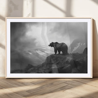 49504-MGV-CV-36X24-Black and White Grizzly Bear Wall Art – Wilderness Wildlife Painting, Rustic Mountain Cabin Decor, Monochrome Animal Print for