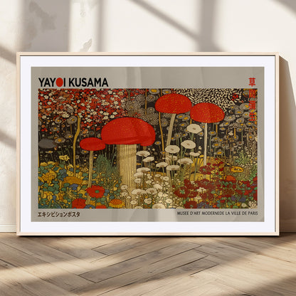 38013-MGV-CV-36X24-Yayoi Kusama Inspired Mushroom Garden Wall Art – Whimsical Botanical Canvas Print, Surreal Nature Poster, Fantasy Floral Artwork