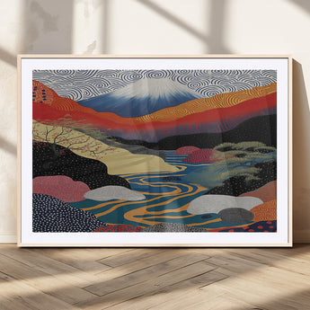 32131-MGC-FP-36x24_Natural-Japanese Mount Fuji Wall Art – Abstract Landscape Canvas Print with Swirling Sky & River, Modern Minimalist Asian Inspired Poster