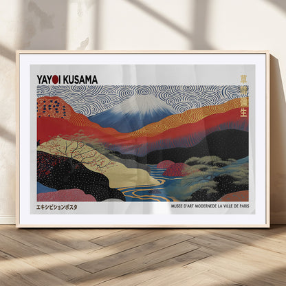 14839-MGC-FP-36x24_Natural-Yayoi Kusama Wall Art – Panoramic Mountain & River Canvas Print, Modern Abstract Japanese Landscape Decor for Living Room or