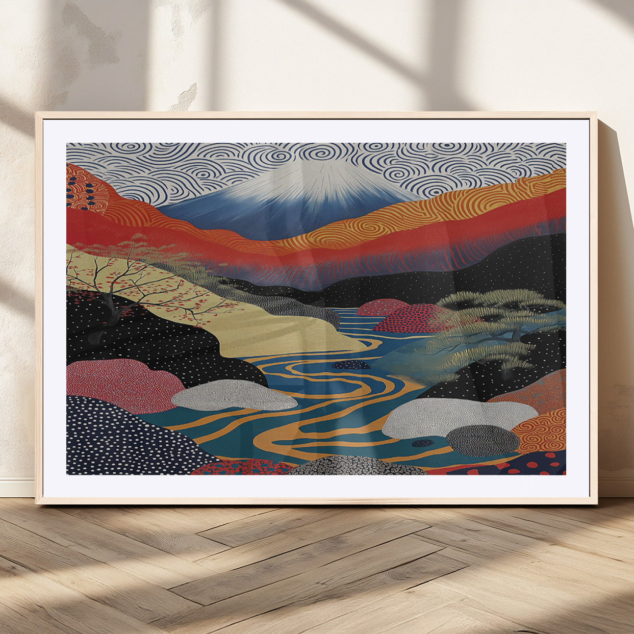 22313-MGV-CV-36X24-Yayoi Kusama Wall Art – Abstract Mount Fuji Landscape Canvas Print, Vibrant Japanese Nature Scene with River, Mountains and Sky