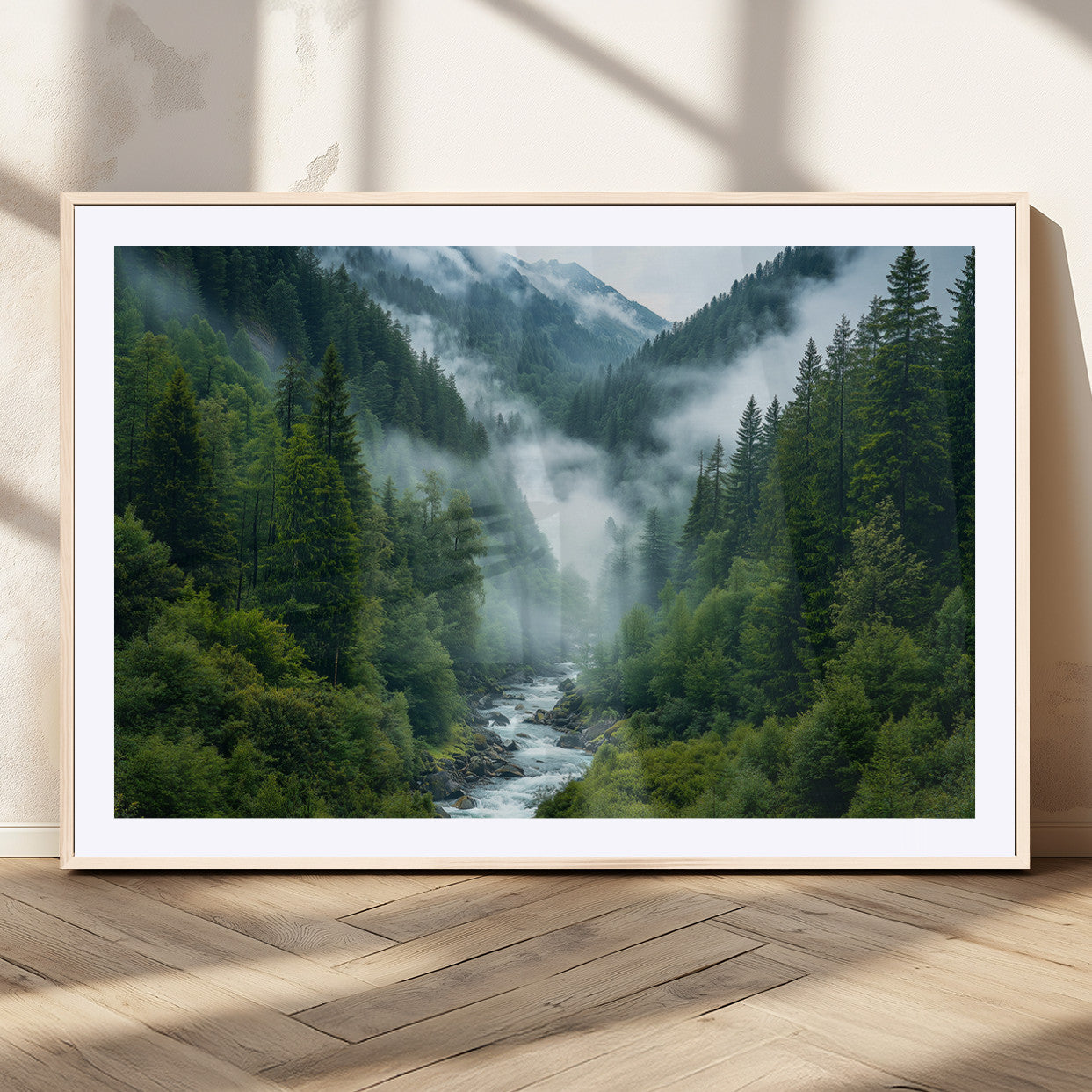 69453-MGV-CV-36X24-Mountain Forest Wall Art – Misty River and Evergreen Landscape Canvas Print, Nature Photography Poster for Living Room, Bedroom,