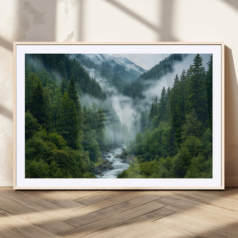 69453-MGV-CV-36X24-Mountain Forest Wall Art – Misty River and Evergreen Landscape Canvas Print, Nature Photography Poster for Living Room, Bedroom,