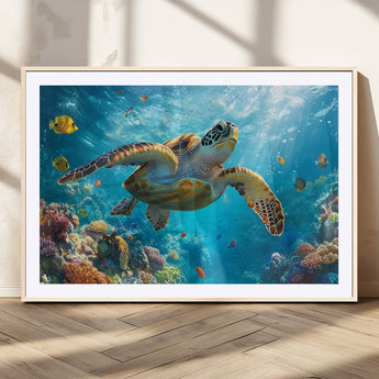 37623-MGC-FP-36x24_Natural-Sea Turtle Wall Art – Underwater Ocean Canvas Print with Coral Reef and Tropical Fish, Marine Life Painting Poster for Living