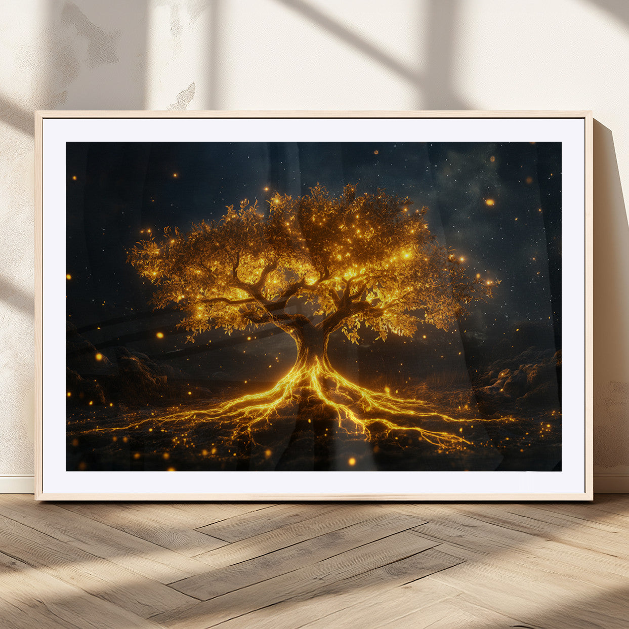 60194-MGC-FP-36x24_Natural-Glowing Tree Wall Art – Golden Roots Fantasy Canvas Print, Mystical Illuminated Tree Painting Poster for Living Room, Bedroom,