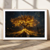 60194-MGC-FP-36x24_Natural-Glowing Tree Wall Art – Golden Roots Fantasy Canvas Print, Mystical Illuminated Tree Painting Poster for Living Room, Bedroom,