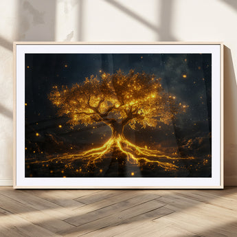60194-MGC-FP-36x24_Natural-Glowing Tree Wall Art – Golden Roots Fantasy Canvas Print, Mystical Illuminated Tree Painting Poster for Living Room, Bedroom,