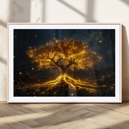 60194-MGC-FP-36x24_Natural-Glowing Tree Wall Art – Golden Roots Fantasy Canvas Print, Mystical Illuminated Tree Painting Poster for Living Room, Bedroom,