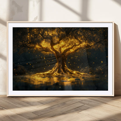 59580-MGC-FP-36x24_Natural-Glowing Tree Wall Art – Golden Fantasy Nature Canvas Print, Mystical Illuminated Tree Painting Poster for Living Room, Bedroom,
