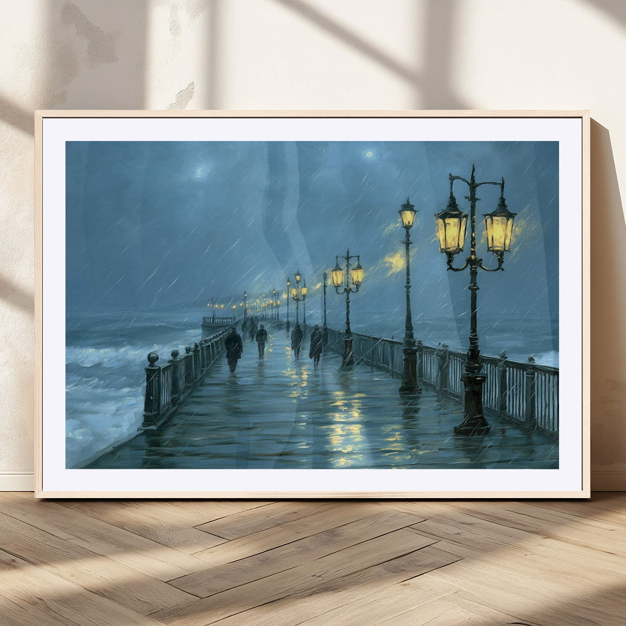79606-MGC-FP-36x24_Natural-Rainy Pier Night Wall Art – Ocean Waves and Street Lamps Canvas Print, Moody Seascape Oil Painting Poster for Living Room,