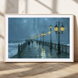 79606-MGC-FP-36x24_Natural-Rainy Pier Night Wall Art – Ocean Waves and Street Lamps Canvas Print, Moody Seascape Oil Painting Poster for Living Room,