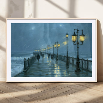79606-MGC-FP-36x24_Natural-Rainy Pier Night Wall Art – Ocean Waves and Street Lamps Canvas Print, Moody Seascape Oil Painting Poster for Living Room,