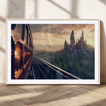 84029-MGC-FP-36x24_Natural-Fantasy Castle Wall Art – Magical Train Sunset Forest Canvas Print, Enchanted Landscape Painting Poster for Living Room, Bedroom,