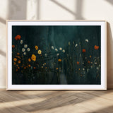 87037-MGC-FP-36x24_Natural-Wildflower Wall Art – Dark Botanical Floral Canvas Print, Modern Nature Painting Poster with Daisies Poppies Orange Flowers for