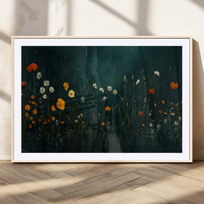 87037-MGC-FP-36x24_Natural-Wildflower Wall Art – Dark Botanical Floral Canvas Print, Modern Nature Painting Poster with Daisies Poppies Orange Flowers for