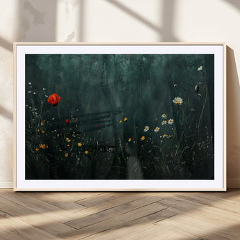 26218-MGC-FP-36x24_Natural-Wildflower Wall Art – Dark Botanical Floral Canvas Print, Modern Nature Painting Poster with Daisy Poppy Yellow Flowers for Living
