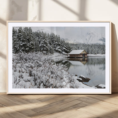 29975-MGC-FP-36x24_Natural-Winter Cabin by the Lake Wall Art – Snowy Mountain Landscape Canvas Print, Rustic Lodge Cabin Decor for Cozy Living Room, Bedroom