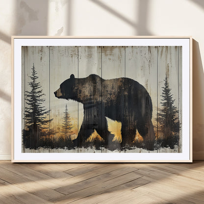 83875-MGV-CV-36X24-Sunset Bear Wall Art – Rustic Wildlife Canvas Print with Forest Silhouette, Cabin Lodge Decor for Living Room or Office