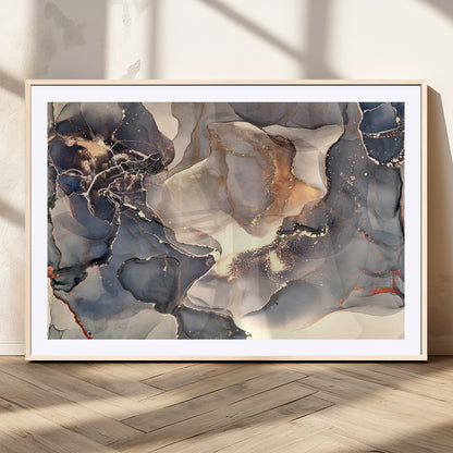 18202-MGV-CV-36X24-Abstract Neutral Wall Art – Blue, Beige and Gold Fluid Ink Canvas Print, Modern Minimalist Painting for Living Room, Office