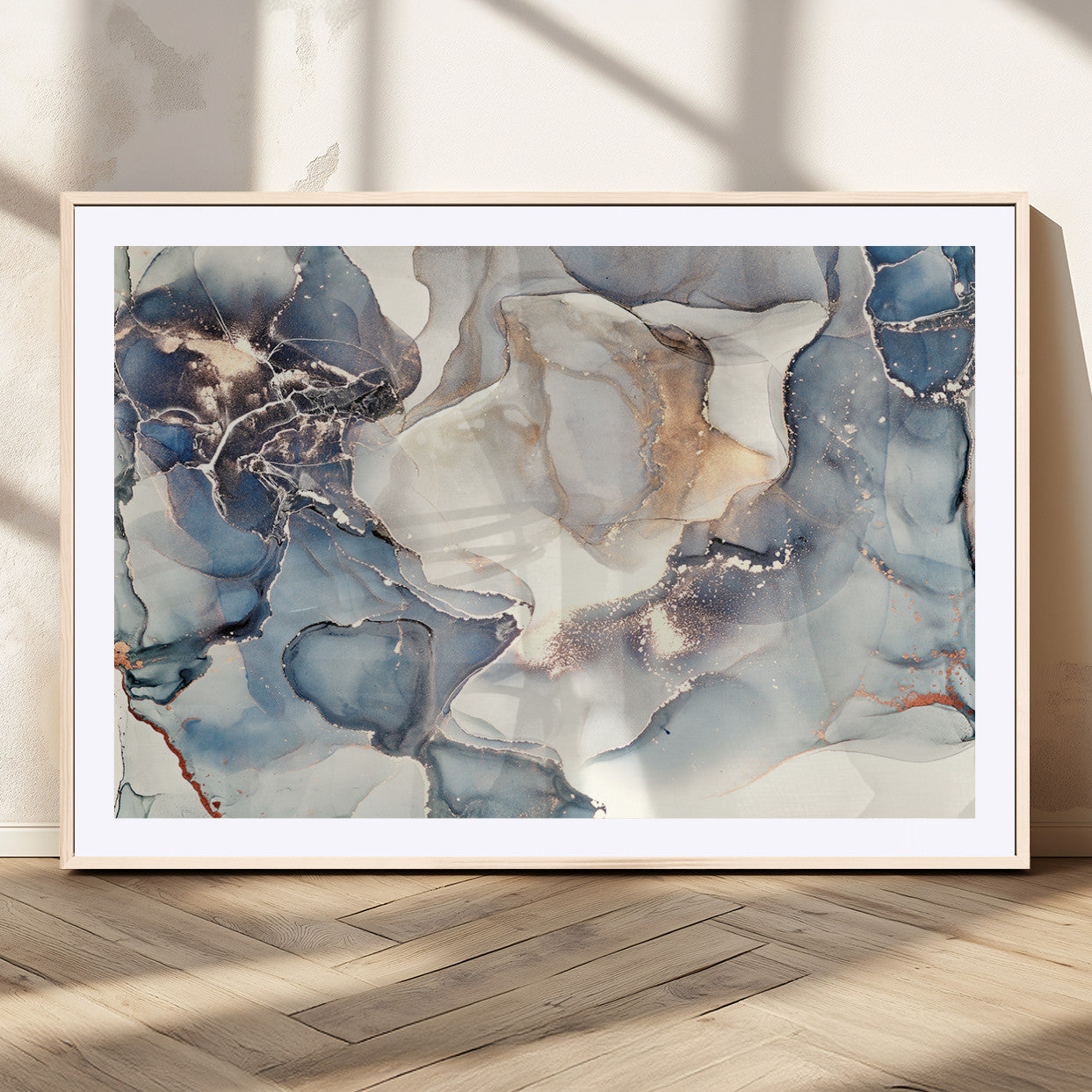 51497-MGV-CV-36X24-Abstract Blue and Gold Wall Art – Modern Fluid Ink Style Canvas Print, Elegant Contemporary Decor for Living Room, Office