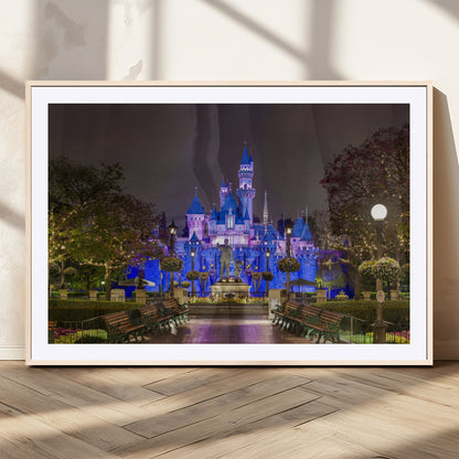 63560-MGC-FP-36x24_Natural-Fairy Tale Castle Wall Art – Magical Night Scene Canvas Print with Lights and Gardens, Fantasy Architecture Artwork for Living