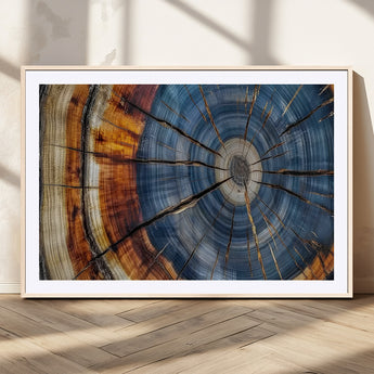 10583-MGC-FP-36x24_Natural-Tree Ring Wall Art – Abstract Wood Grain Canvas Print with Blue and Brown Tones, Nature Inspired Rustic Artwork for Living Room,