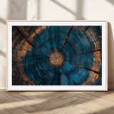 13398-MGV-CV-36X24-Tree Ring Wall Art – Abstract Wood Grain Canvas Print with Blue and Orange Accents, Rustic Nature Inspired Artwork for Living