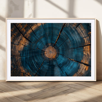 13398-MGV-CV-36X24-Tree Ring Wall Art – Abstract Wood Grain Canvas Print with Blue and Orange Accents, Rustic Nature Inspired Artwork for Living