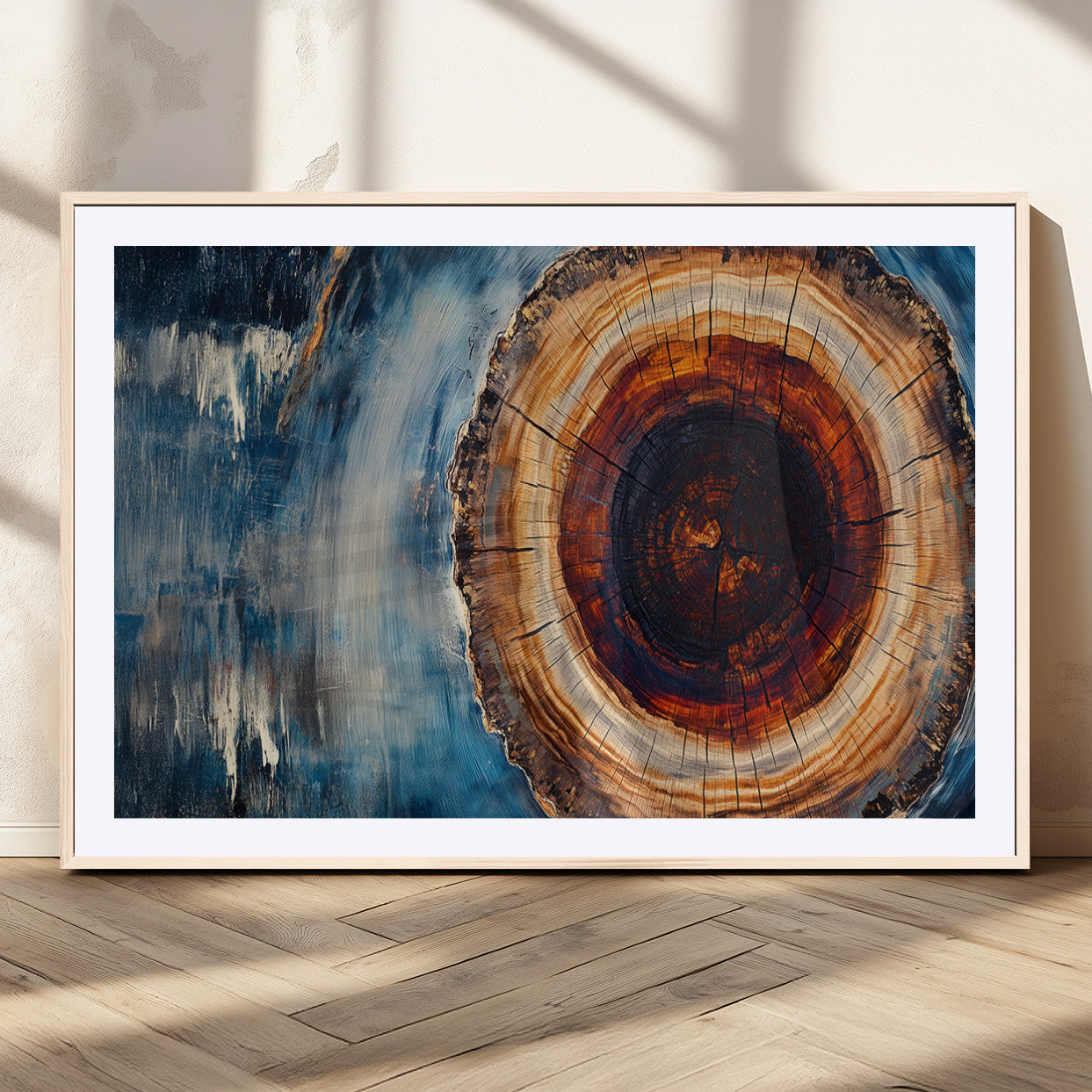 48045-MGV-CV-36X24-Tree Ring Abstract Wall Art – Rustic Wood Grain Canvas Print with Brown Center and Blue Brush Strokes, Nature Inspired Artwork for