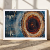 48045-MGV-CV-36X24-Tree Ring Abstract Wall Art – Rustic Wood Grain Canvas Print with Brown Center and Blue Brush Strokes, Nature Inspired Artwork for