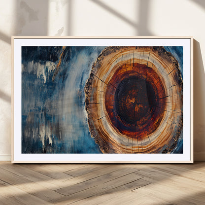 48045-MGV-CV-36X24-Tree Ring Abstract Wall Art – Rustic Wood Grain Canvas Print with Brown Center and Blue Brush Strokes, Nature Inspired Artwork for