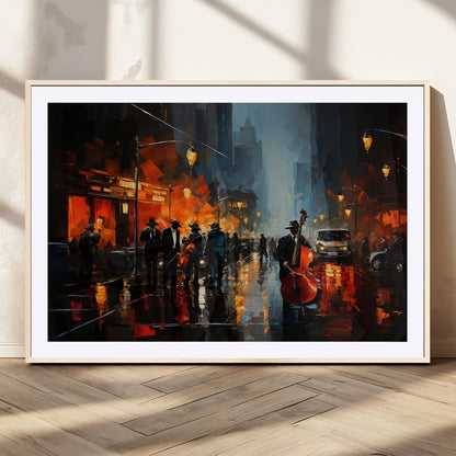 46538-MGC-FP-36x24_Natural-Urban Jazz Night Wall Art – Dramatic Music Canvas Print with Double Bass and Street Musicians, Modern City Scene Artwork for