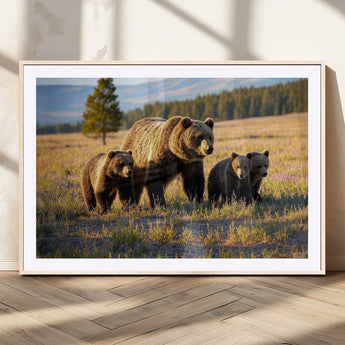 43400-MGC-FP-36x24_Natural-Bear Family Wall Art – Wildlife Canvas Print of Mother Bear with Cubs in Sunlit Meadow, Rustic Animal Artwork for Living Room,