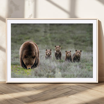 40555-MGC-FP-36x24_Natural-Bear Family Wall Art – Wildlife Canvas Print of Mother Bear with Four Cubs in Nature, Rustic Animal Artwork for Living Room,