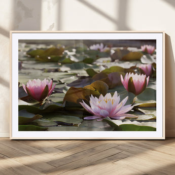 28394-MGC-FP-36x24_Natural-Water Lily Pond Wall Art – Pink Lotus Flowers Canvas Print with Green Lily Pads, Peaceful Botanical Artwork for Living Room,