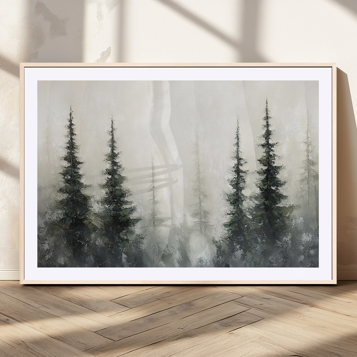 33241-MGC-FP-36x24_Natural-Misty Forest Wall Art Canvas Print, Framed Foggy Pines Art Picture Print, Forest Haze Perfect Rustic Minimalist Decor Artwork