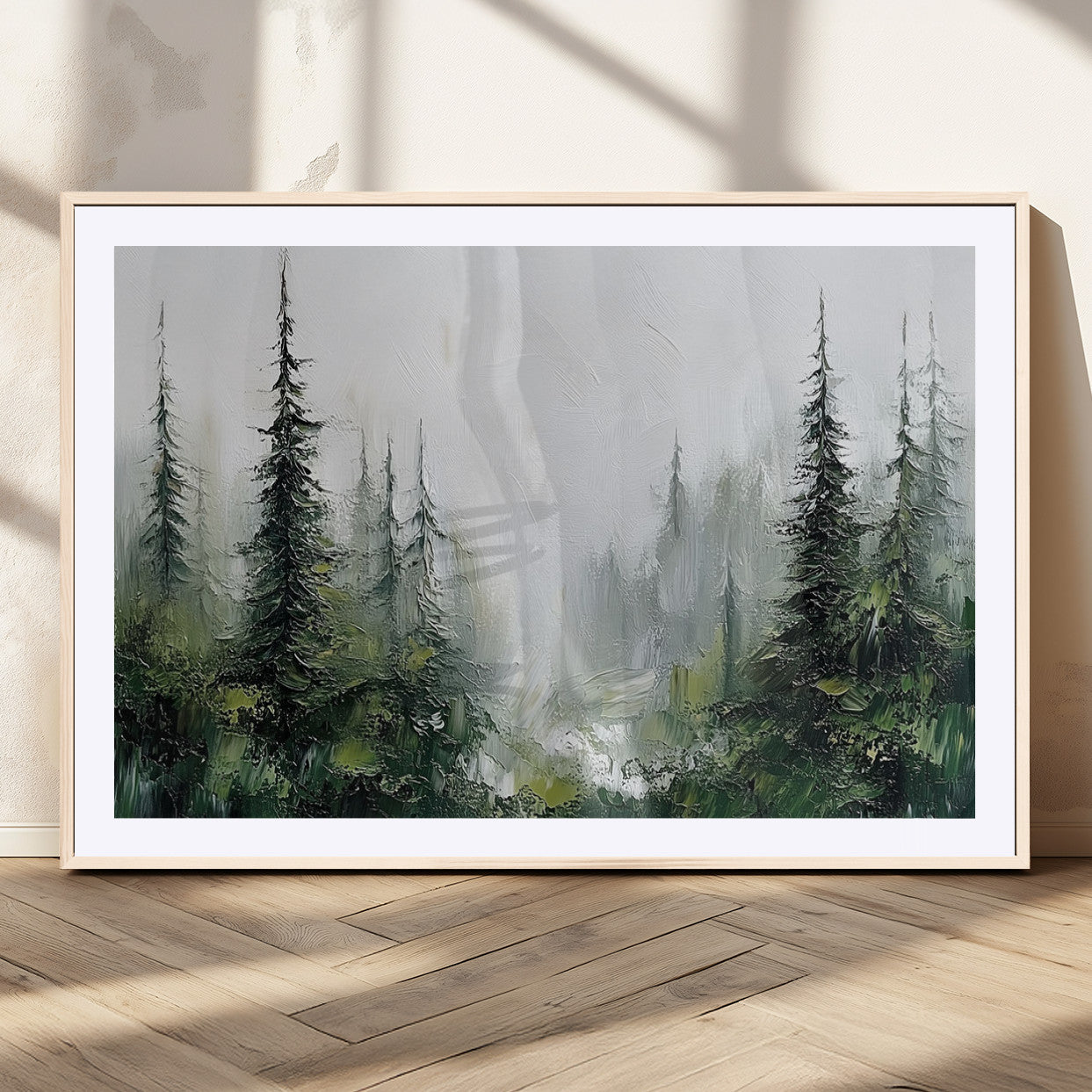 76014-MGV-CV-36X24-Forest Wall Art – Textured Canvas Print Featuring Misty Evergreen Pines and Woodland Landscape, Rustic Nature Artwork for Living