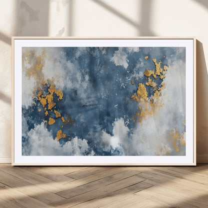 39575-MGC-FP-36x24_Natural-Blue and Gold Abstract Wall Art – Modern Canvas Print Featuring Cloudy Textures with Metallic Accents, Contemporary Artwork for